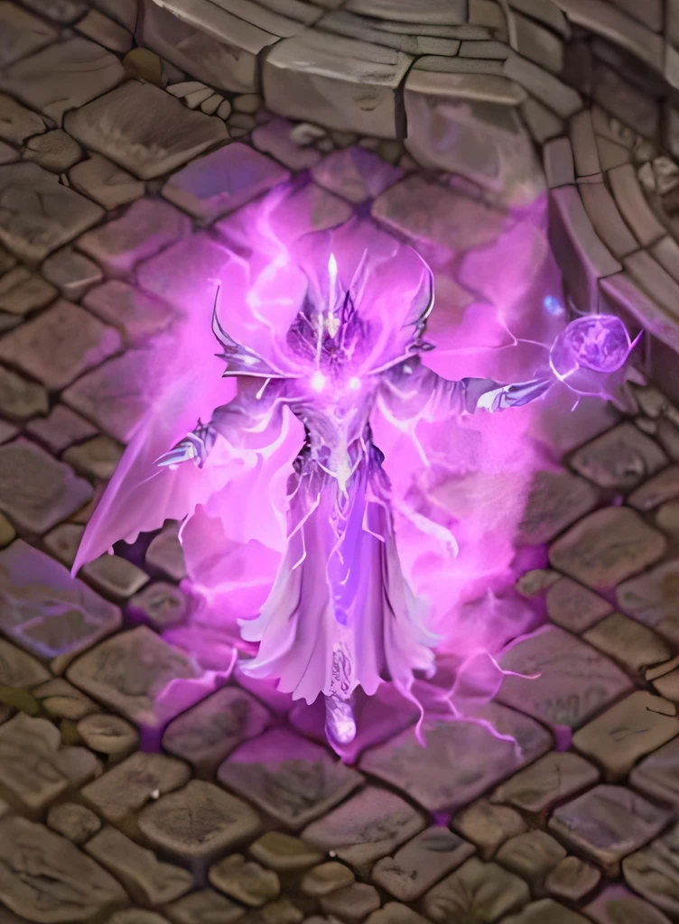 Close-up of purple light shining on the stone floor, purple glowing core in armor, mage the ascension, aura of power. Detailed, Archmage, glowing holy aura, Diablo, inverse dark glowing power aura, glowing angelic being, Protoss, an arcane wizard casting a spell, demonic robes, wiggly ethereal being, ornate flowing robes