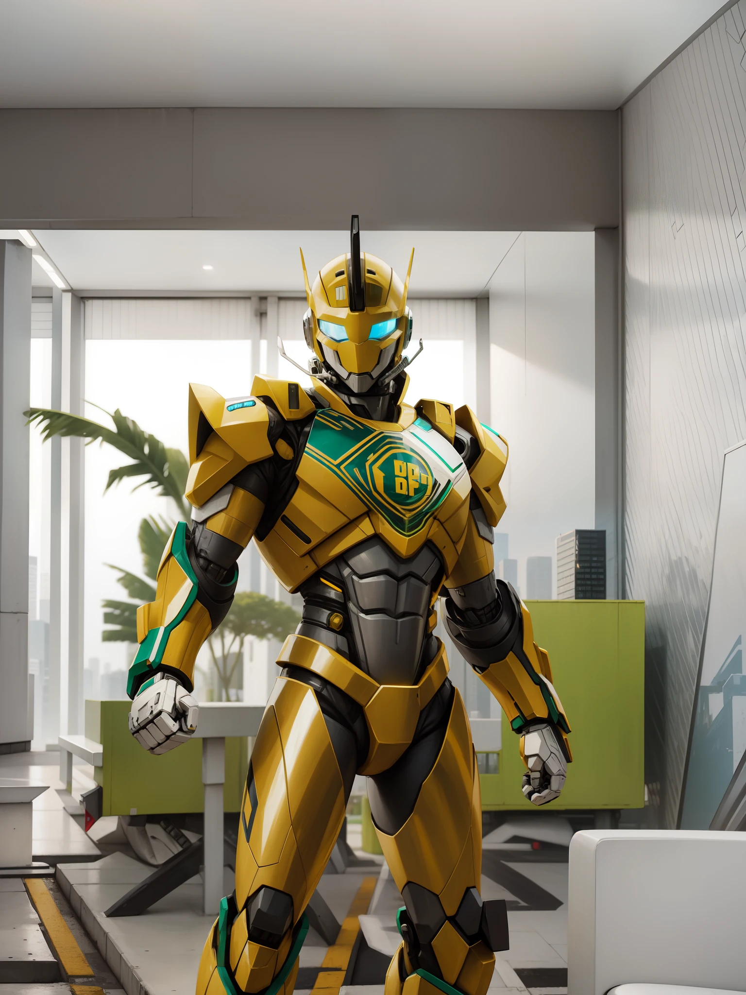 White and yellow robot, City of São Paulo in the background, HD, estilo comics, robocop outfit, cores quentes