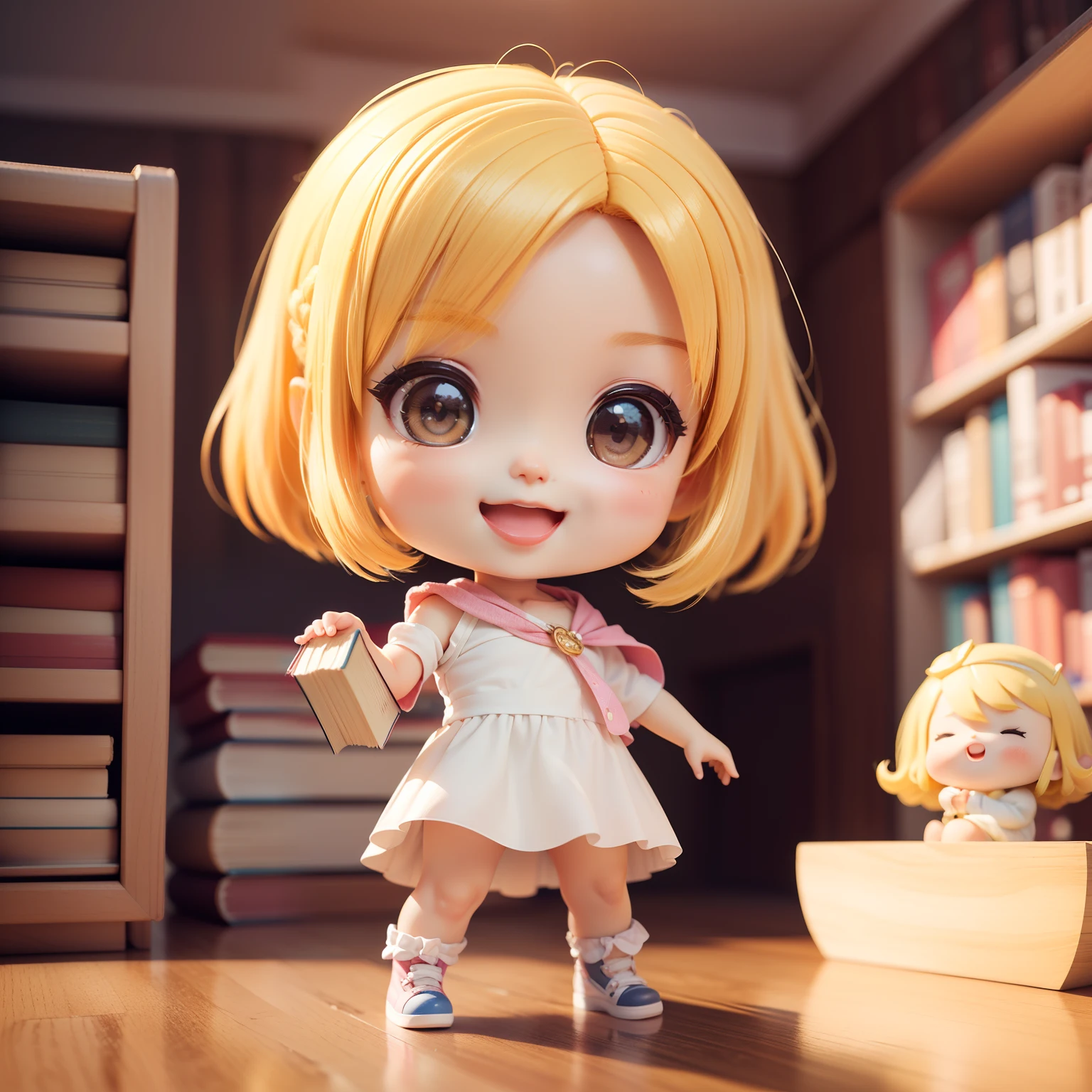 Cute Baby Chibi Anime、(((Chibi 3D)))(Best Quality),(masutepiece)、Chibi Books-shop、fashion modell、Blonde bob hairstyle、Open your mouth and smile、a small face、Standing