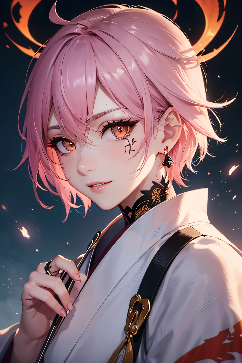 ember male people Very short short-haired Neckline trimming White kimono White Japanese Clothing((high detailing、Cinematic lighting))、Messy pink hair、Orange Eyes、Ray tracing、drop shadow、The upper part of the body、Looking at the camera、((Super Detail、Best Quality))、Jujutsu Kaisen、Double-sided lodging、Surgical unfolding、Unbeatable appearance、powerful being、mystic atmosphere、(Strange moonlight、ominous shadows、 Intense red aura、Symbol of the power that surrounds him、Radiating magical energy、loimu Mystical artifacts、dynamicposes、Epic soundtrack、(((Detailed hand)))、lips are pink lipgloss Tattoos on the face Invincible smile Conspiring look