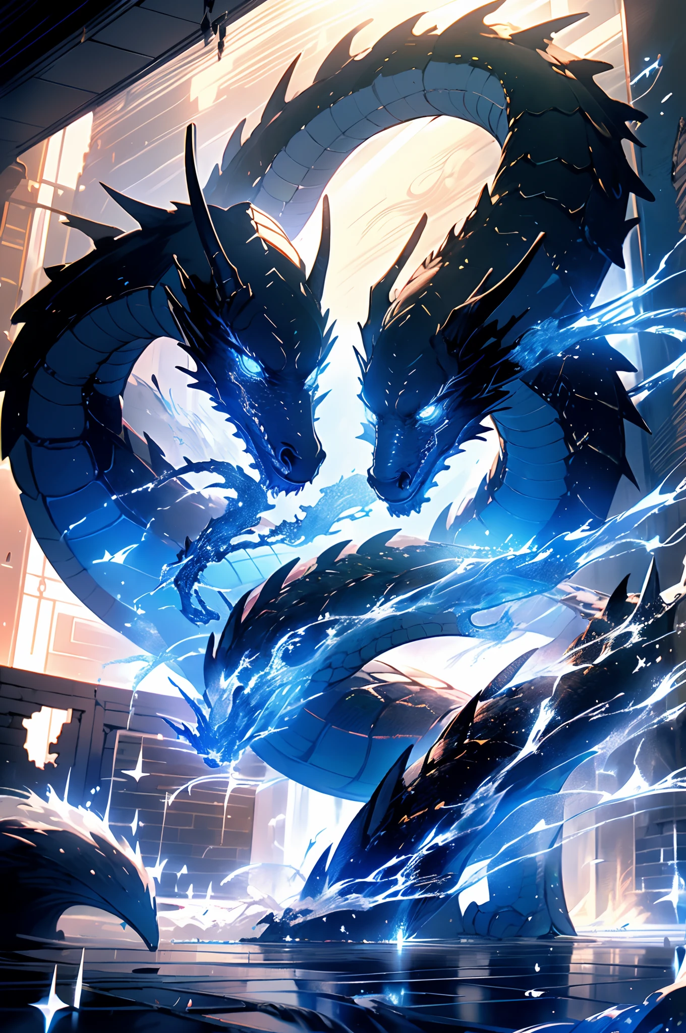 Solo,full bodyesbian,(Western Dragon:1.2)+(huge dragon wings:1.3),In the clear blue ocean,[(Cyan background color)::10],(Ruins background:1.3),Super Evolution,exquisite and meticulous,(Fantasy monsters:1.3),8K,hyper HD, retinas, Anatomically correct, Textured skin, Super detail, Best quality, A high resolution,(Extremely popular illustration wallpaper),((Mysterious ruins of Atlantis:1.2)),Ultra-detailed particle detail,((A ray of sunlight shines from the sky:1.3)+(//The right light source:1.6//)),((Forbidden spell text on the wall of the ruins:1.4)),​master piece,(midjourney:1.2)