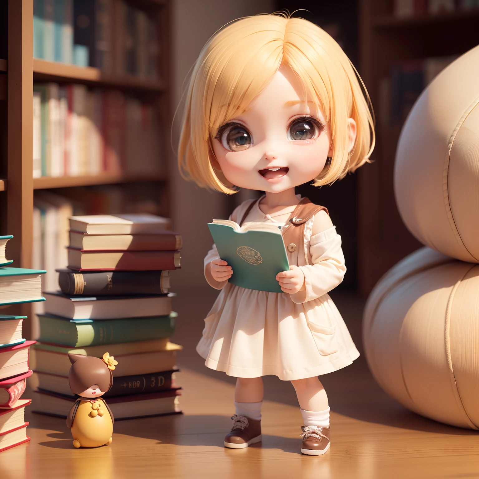 Cute Baby Chibi Anime、(((Chibi 3D)))(Best Quality),(masutepiece)、Chibi Books-shop、fashion modell、Blonde bob hairstyle、Open your mouth and smile、a small face、Standing