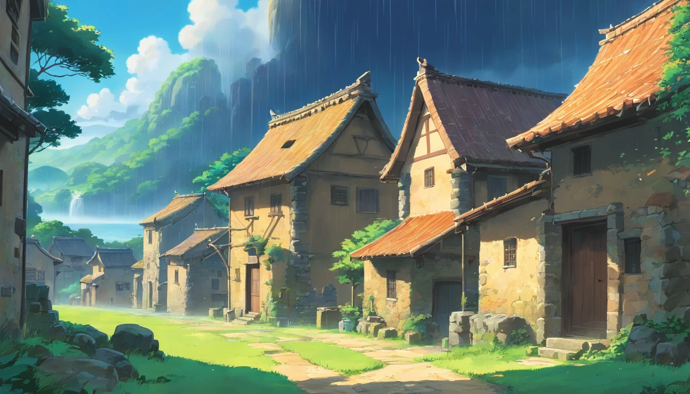 an old village with ruins, thunder and rain