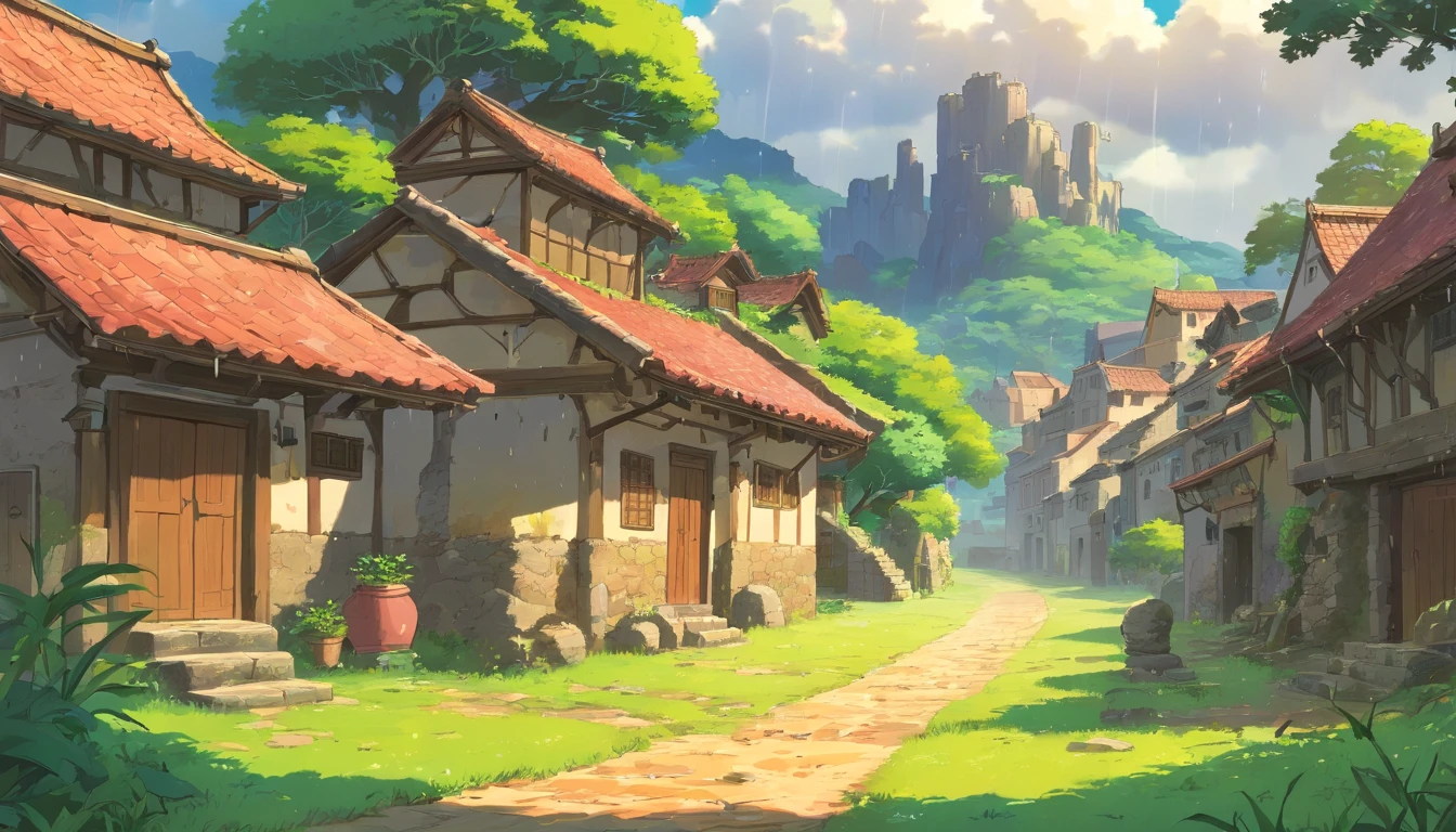 an old village with ruins, thunder and rain