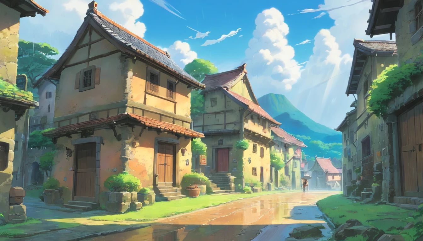 an old village with ruins, thunder and rain