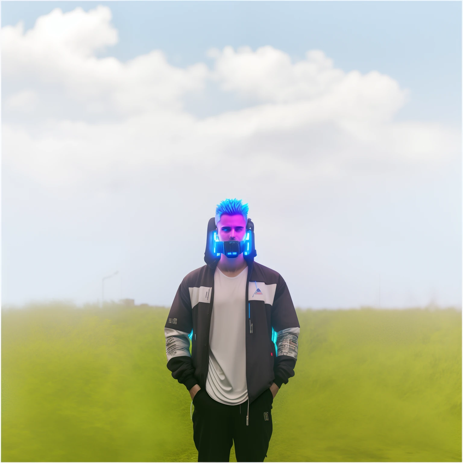 arafed man with a blue light on his head and earphones, in cyberpunk style, cyberpunk with neon lighting, cinematic colors lighting, hyper-realistic cyberpunk style, portrait of a cyberpunk man, cyberpunk lighting, cyberpunk character, cyberpunk dude, cyberpunk style ， hyperrealistic, cyberpunk portrait, 8k portrait render, aura jared and wires, with cinematic lighting, has cyberpunk style