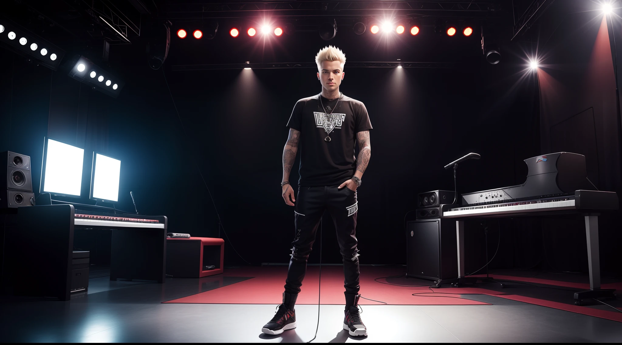 FelixGameVibeKingofBass with short  spiky hair in Studio show full body standing