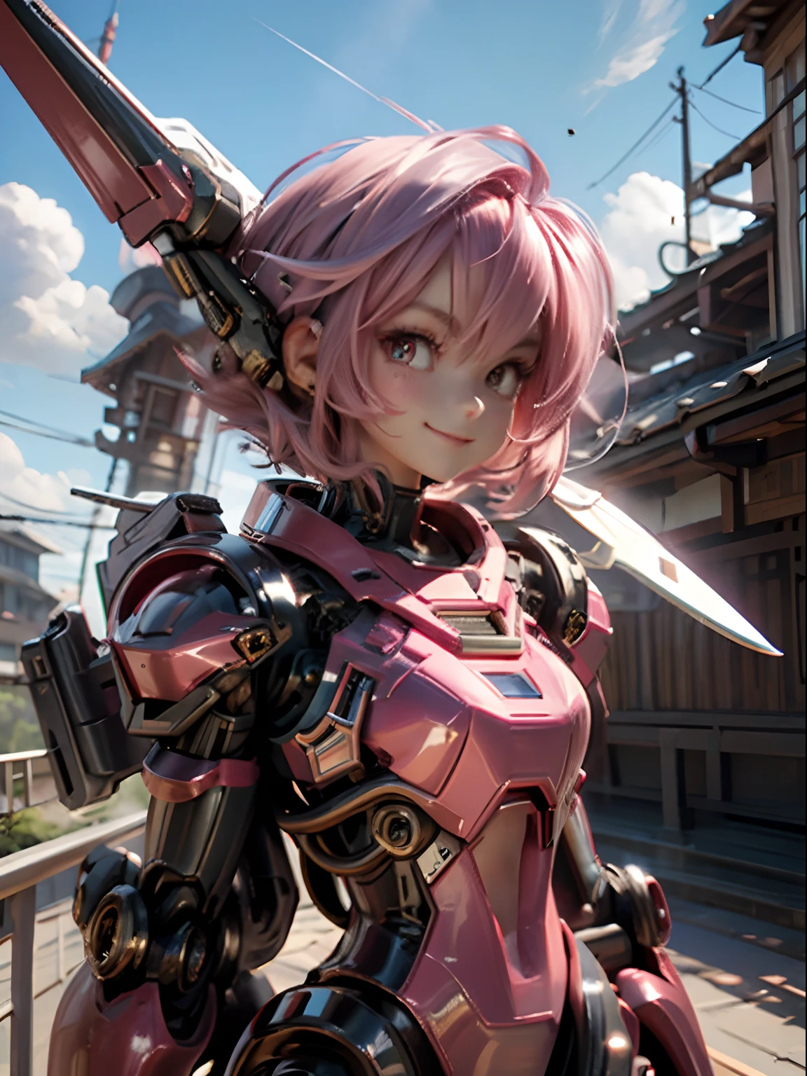 masterpiece、top-quality、8k、mechs、1beautiful girl、18year old、Mecha Succubus、Detailed depiction of hair lines、Mecha horn、Mecha Pink Devil Wings、pinkhair、short-hair、bobhair、Big eyes、kawaii eyes、teak、Opening Mouth、a smile、huge tit、white glowing skin、Over the city、Flying in the sky、Sun'rays、