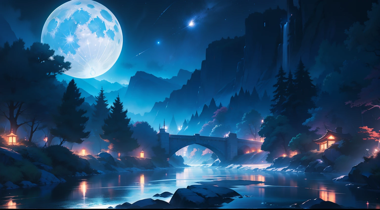 Paint a dreamy anime scene of a river illuminated by a bright moon, with stars twinkling in the night sky. Capture the beauty of the moonlit environment, and create a fantasy art piece inspired by the works of Tosa Mitsuoki, the pixiv contest winner.