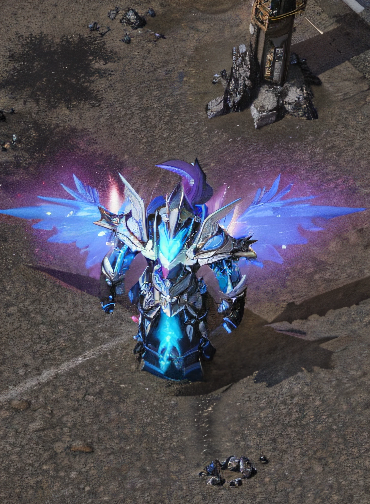 There is a blue-and-white robot on it，There are wings on it, Protoss, sliver ice color reflected armor, Protoss!!, Protoss!!!!, Ice crystal armor, iridescence water elemental, zerg, purple glowing core in armor, infused with zerg hydralisk, luminous water elemental, corrupted armor, zerg hydralisk, nipple play