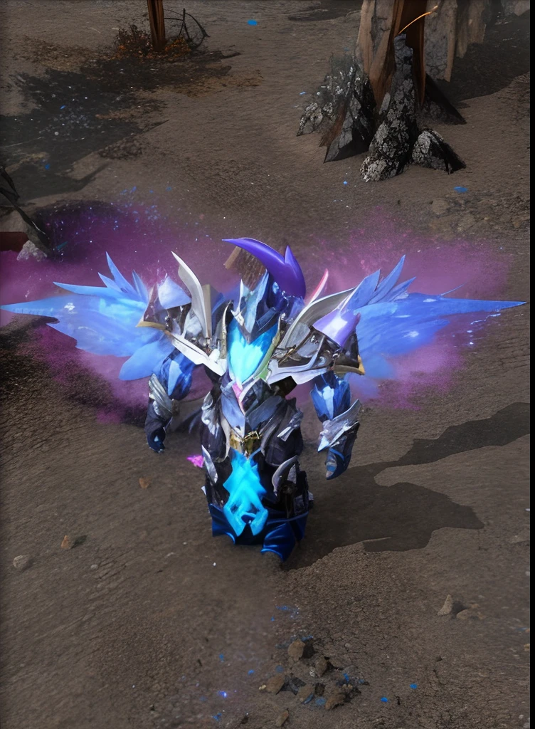 There is a blue-and-white robot on it,There are wings on it, Protoss, sliver ice color reflected armor, Protoss!!, Protoss!!!!, Ice crystal armor, iridescence water elemental, zerg, purple glowing core in armor, infused with zerg hydralisk, luminous water elemental, corrupted armor, zerg hydralisk, nipple play
