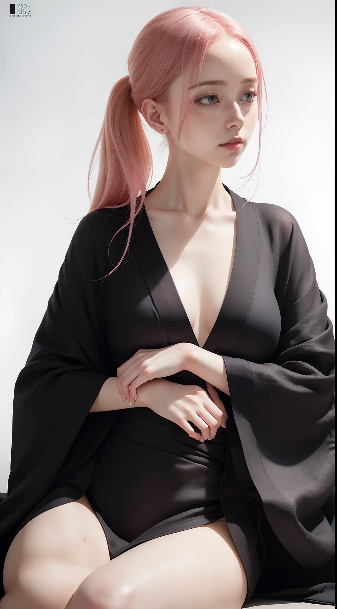 dynamic pose,1girl,pale skin,pink hair,delicate face,freckles,shy,(black linen kimono:1.3),(wide thigh gap:1.3,wide thighs:1.3),(white background),(best quality:1.2,ultra-detailed,realistic:1.37),portrait,soft colors,polished lighting