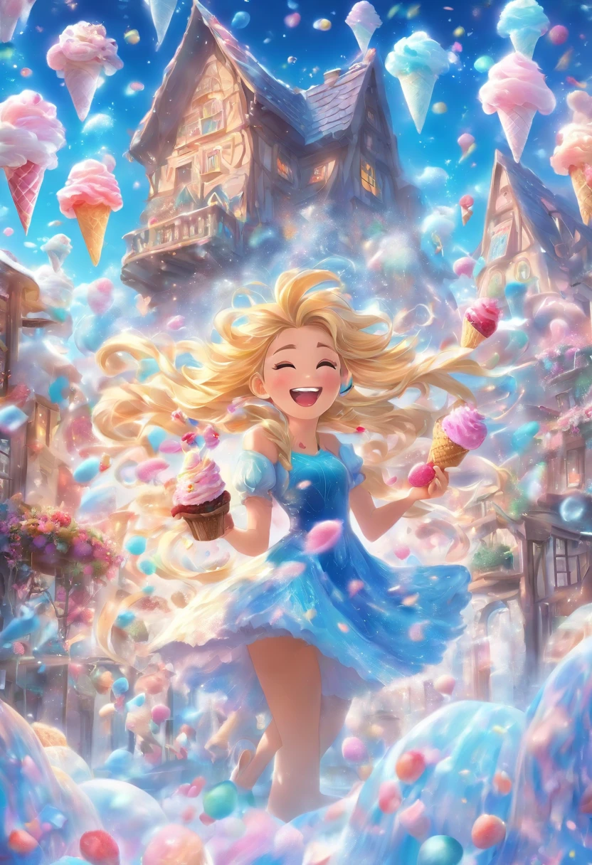 Illustration of a woman eating a house made of ice cream in a magical world. hyper sharp image, ultra detailed, 

The setting of the illustration is a magical world made of ice cream. It is a beautiful world where magical cloud-shaped clouds float in the sky and colorful flowers and plants bloom.
The main character of the illustration is a young woman. She has her long blonde hair flowing and is wearing a blue dress.
A woman is eating a house made of ice cream. The houses are made of different flavors such as chocolate, vanilla, and strawberry.
The woman is smiling happily while eating home. She is having a dream-like time in a magical world.
The background includes elements that create a fantastical atmosphere typical of a magical world.
Magical creatures such as animals and fairies appear around the woman to create an even more fun atmosphere, ice art, frozen sculptures, translucent forms, ephemeral beauty, crystalline textures, delicate craftsmanship, chilling allure
