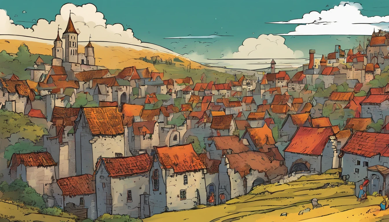 a medieval village, on fire, with ruins, storm, rain