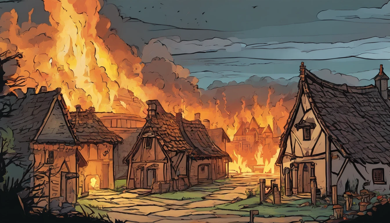 a medieval village, on fire, with ruins, storm, rain