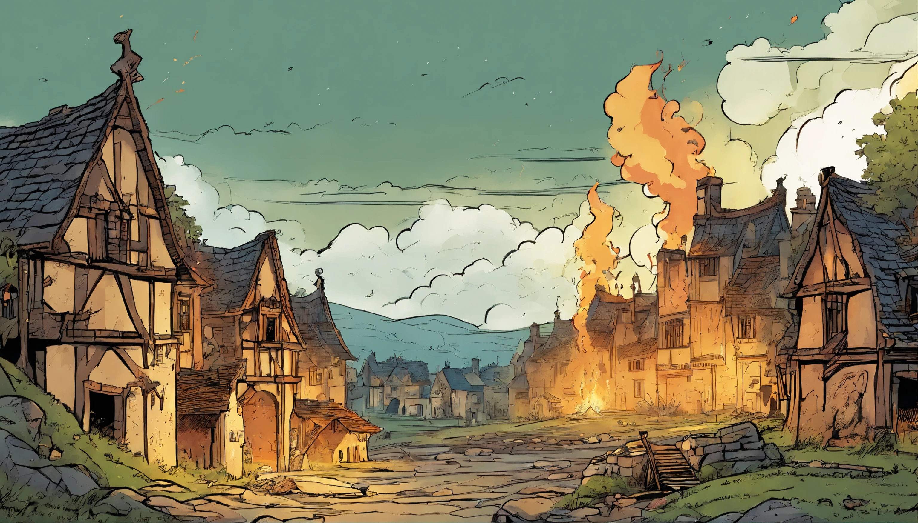a medieval village, on fire, with ruins, storm, rain