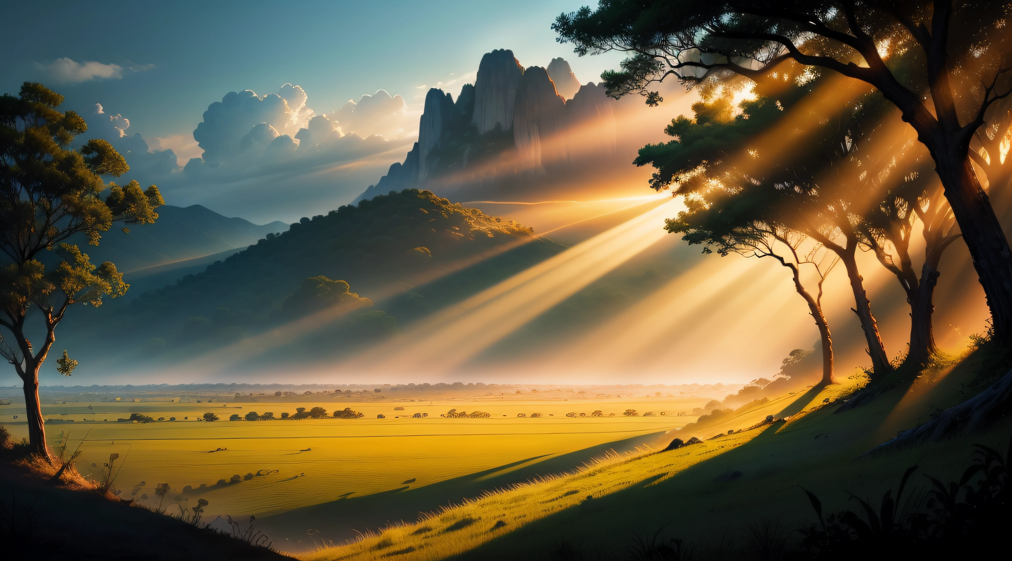 endless savannah grasslands, jungles edge, scenic, god rays, epic, stunning