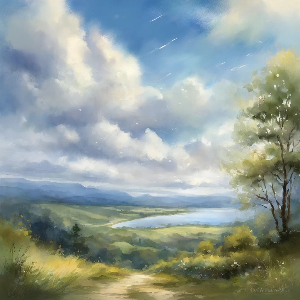 There is a painting of the sky with clouds and stars, Cosmos Sky. by makoto shinkai, Anime Sky, Blue Sea. by makoto shinkai, Anime Cloud, style of makoto shinkai, by Ross Tran. scenery background, in the style of makoto shinkai, By Shinkai Makoto. - H 2160, beautifull puffy clouds. animesque