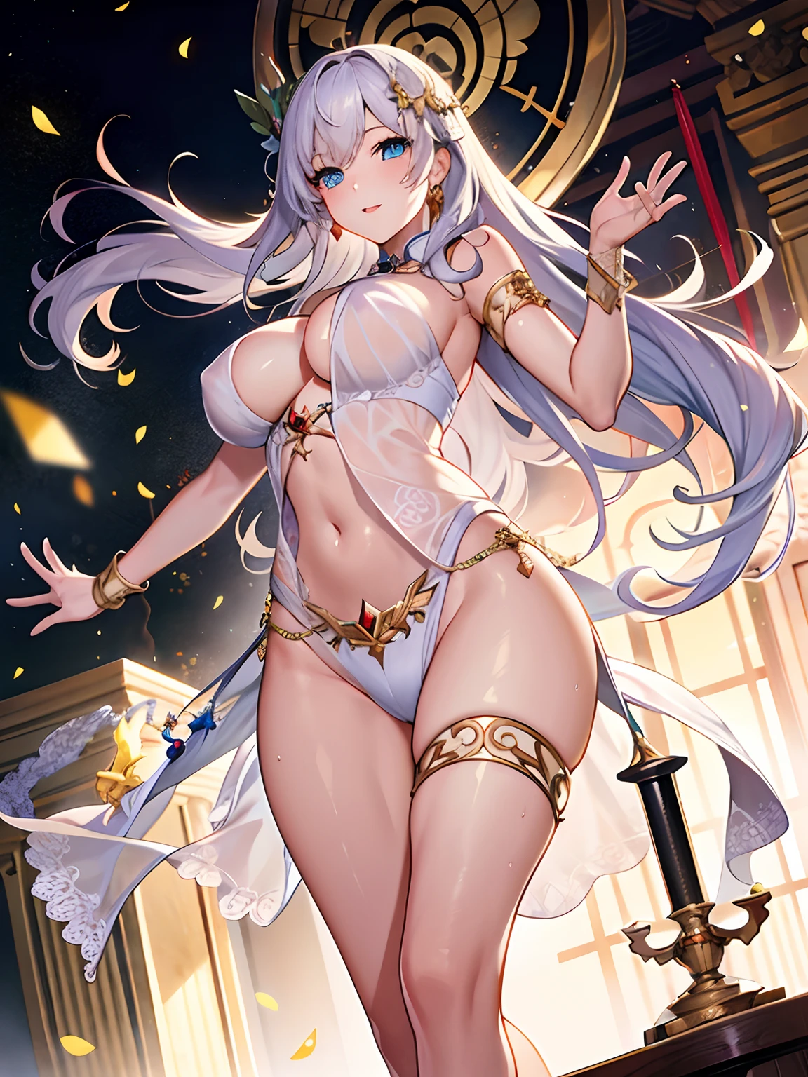 anime girl with long white hair and blue eyes posing in front of a clock, anime goddess, cushart krenz key art feminine, extremely detailed artgerm, trending on artstation pixiv, high detailed official artwork, white haired deity, ((a beautiful fantasy empress)), knights of zodiac girl, beautiful goddess, portrait knights of zodiac girl, holding priest's wand,