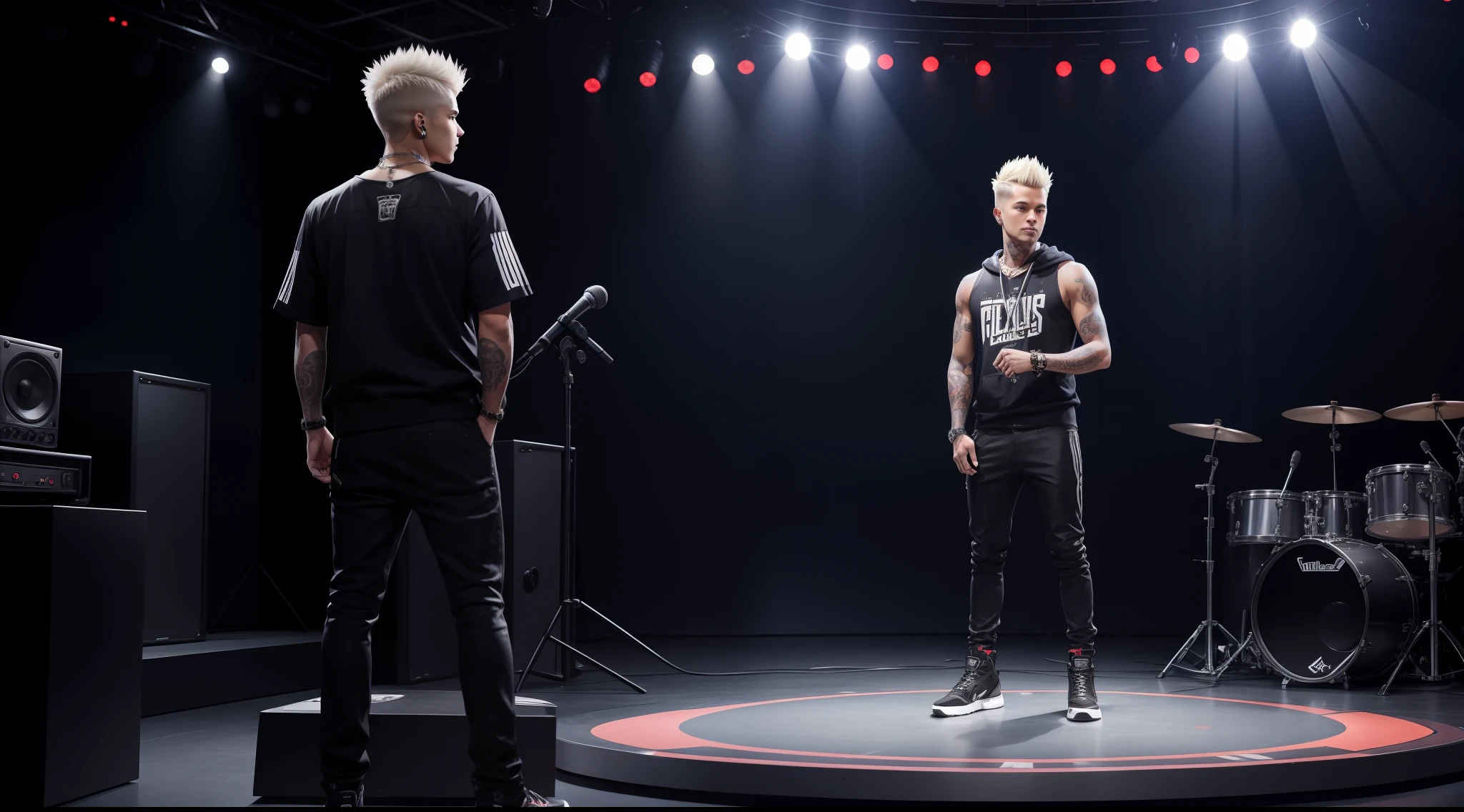 FelixGameVibeKingofBass with short spiky hair in Studio show full body standing