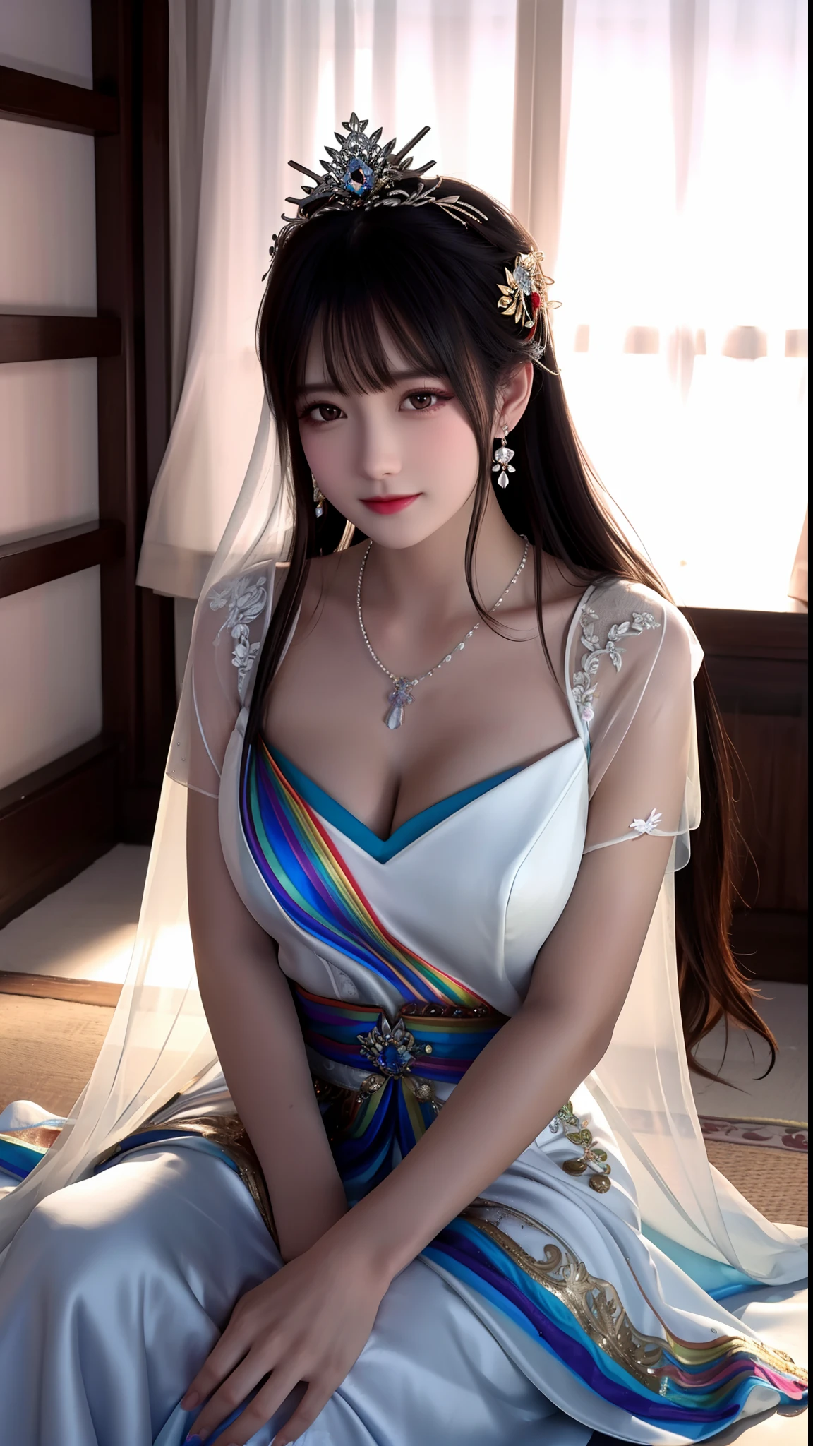 best quality, masterpiece, highres, 1girl, china wedding dress, rainbow dress highlight, hair ornament, necklace, jewelry, Beautiful face,upon body, tyndall effect, photorealistic, dark studio, rim lighting, two tone lighting, (high detailed skin:1.2), 8k uhd, dslr, soft lighting, high quality, volumetric lighting, candid, Photograph, high resolution, sitting position,