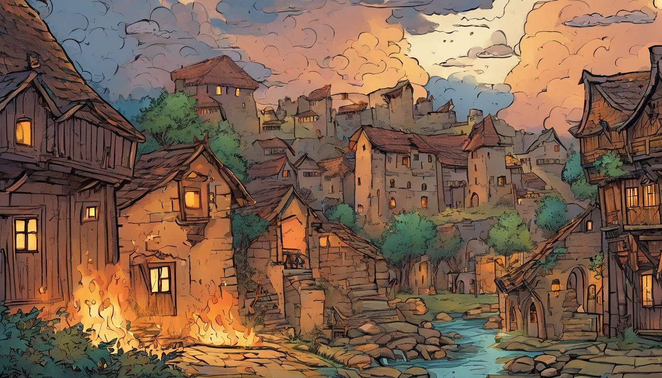a medieval village, on fire, with ruins, storm, rain, dark clouds
