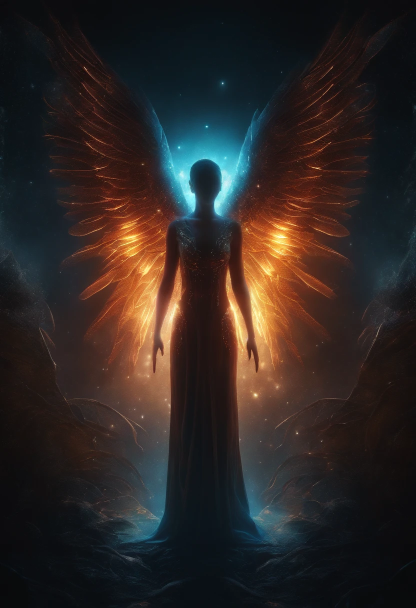 Cosmic Fallen Angel, glowing light eyes, Biomechanical, eerie, Creepy, nightmarish, Very bright colors, Light particles, with light glowing, Mshiff, wallpaper art, UHD wallpaper