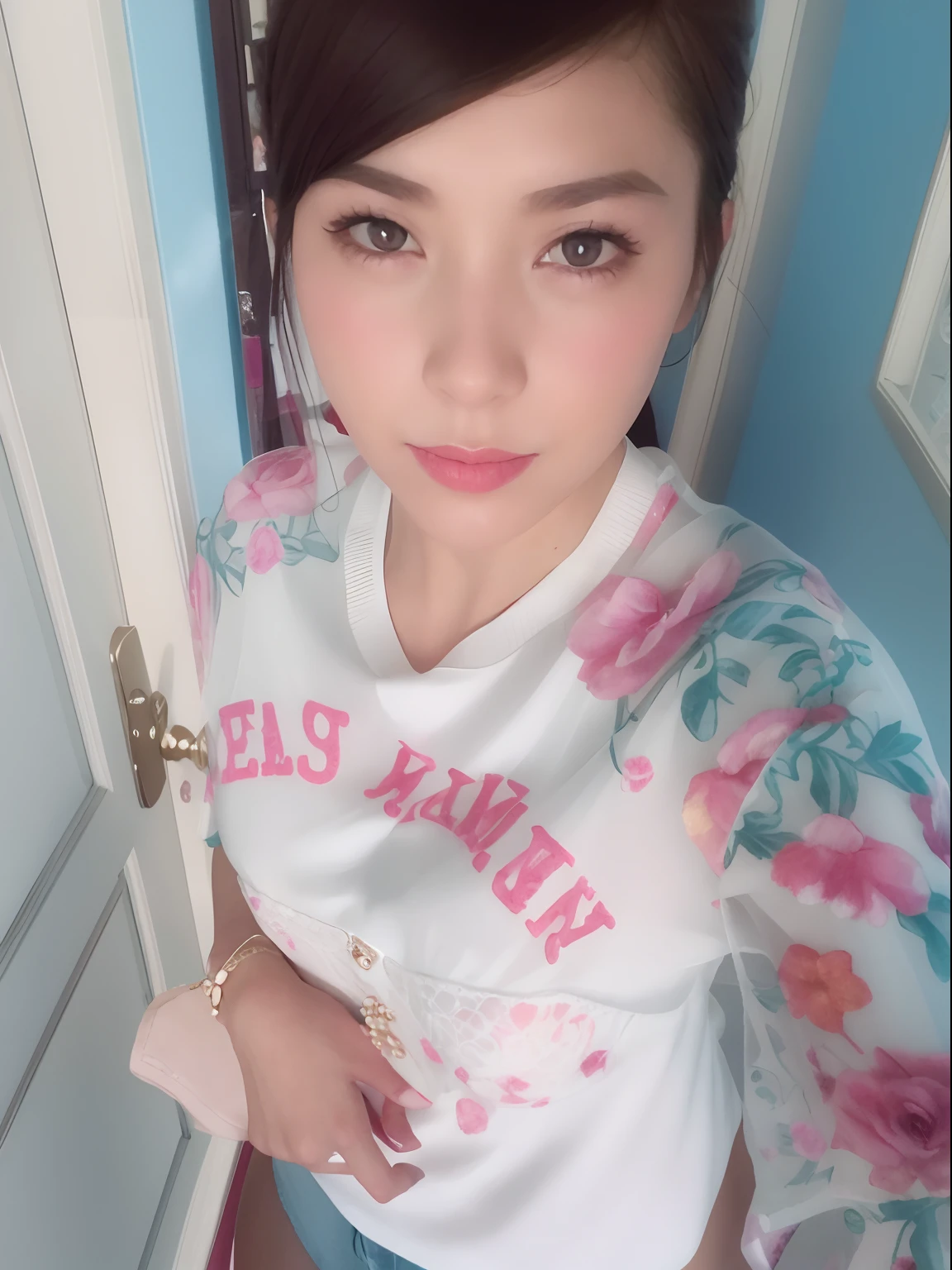 femele1People only、Upper body naked、I'm not wearing anything、ample breasts、Rich Perfect Style、Transparent blouse、Wearing micro mini shorts、European Street、