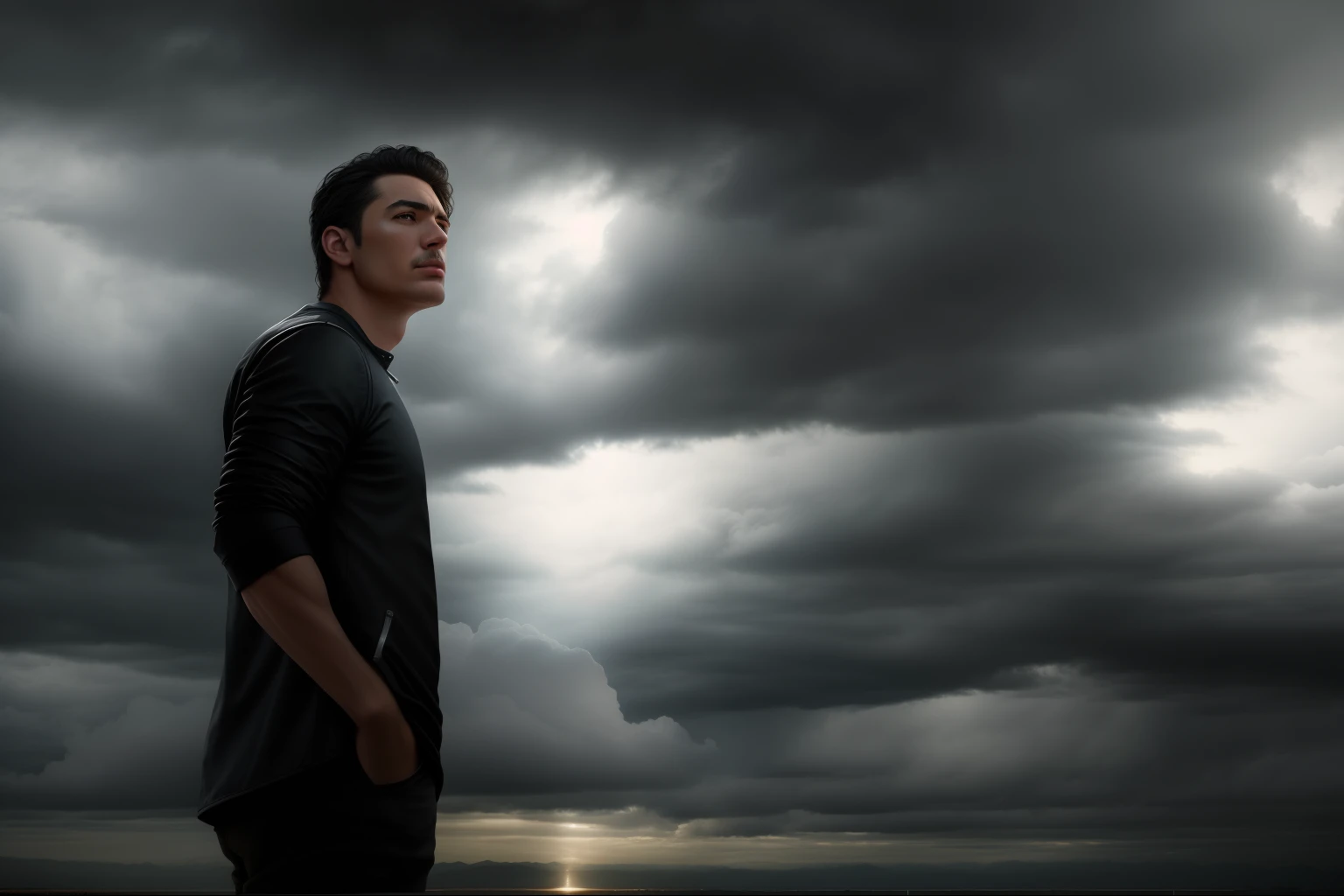 Change background with dark and cloudy weather, realistic face, ultra realistic.