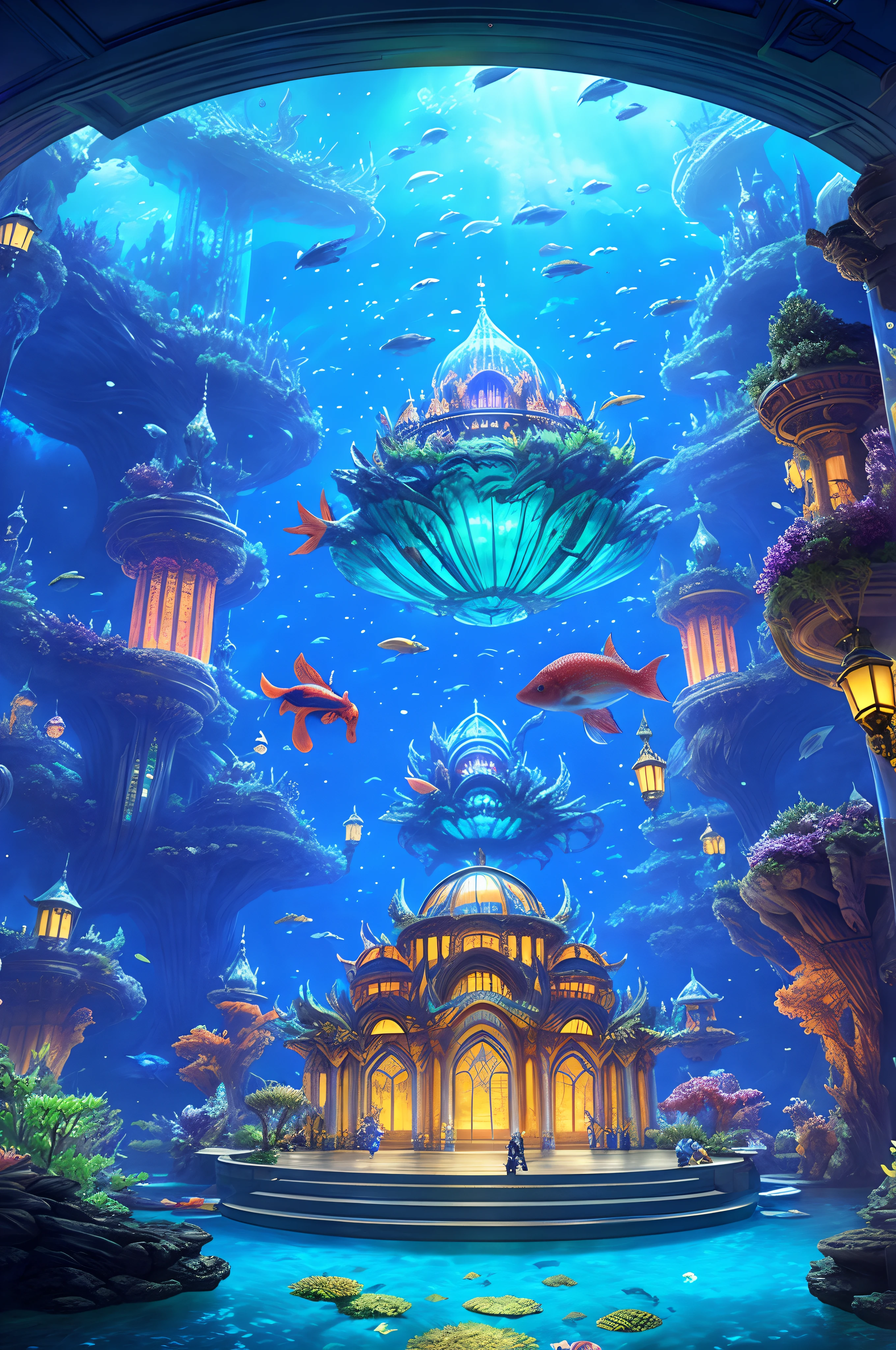 Fantasy concept art, a transparent palace as a huge aquarium with fish at night, world of water, beautiful light decoration, wide angle lens, 8k octane rendering, realistic, epic shots, movie lighting, detailed architecture, detailed fish, brilliant and colorful