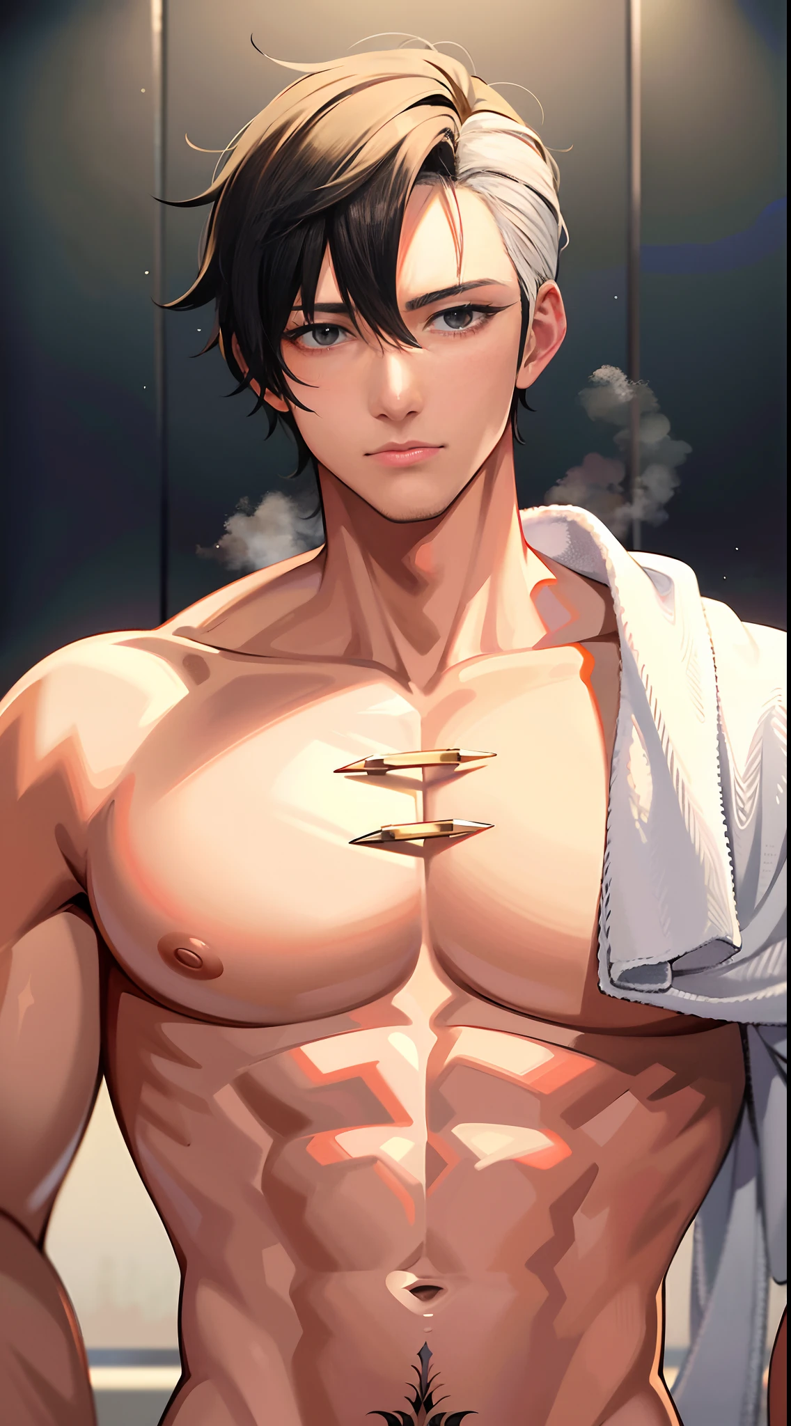 Masterpiece, Best quality, High quality, 1boys, Solo, Male focus, full bodyesbian, gray and white hairs,pointy hair, No shirt, Wear a white wet towel, Steam fumes, Japan style, anime coloring, Shy, Home MUJI style, Detailed face, massive bulge,Japan style, Detailed body,close-up all over the body