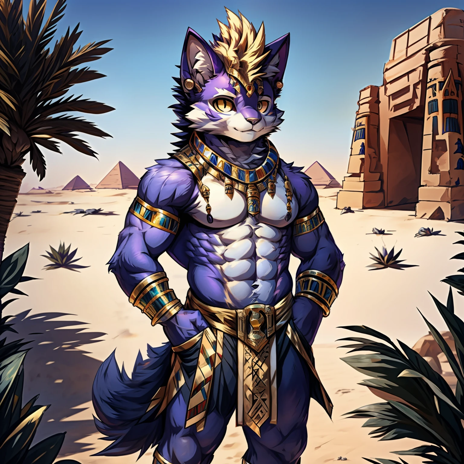 Best quality, Young, , Furry, Solo, Male Cat: 1.5, Purple colored skin:1.3, Purple fur:1.3, Yellow eyes, Muscular body, Wearing Egyptian style costume, Standing in the Oasis of desert, Mohawk hair, Detailed fur, Detailed cloths, Furry animal ears, Abs.