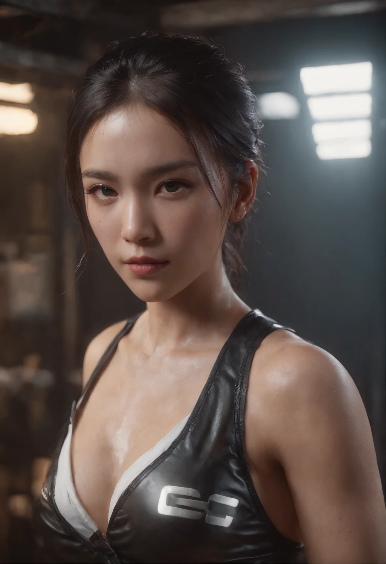 a skinny girl, serious expression, flat chest, dark side, beautiful detailed eyes, beautiful detailed lips, extremely detailed eyes and face, long eyelashes, (best quality,4k,8k,highres,masterpiece:1.2),ultra-detailed,(realistic,photorealistic,photo-realistic:1.37),dark blurred background,dark side,chiaroscuro lighting,moody lighting,dramatic lighting,cinematic lighting, looks like Darth Maul
