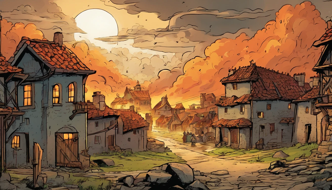 a medieval village, on fire, with ruins, storm, rain, dark clouds, lightning