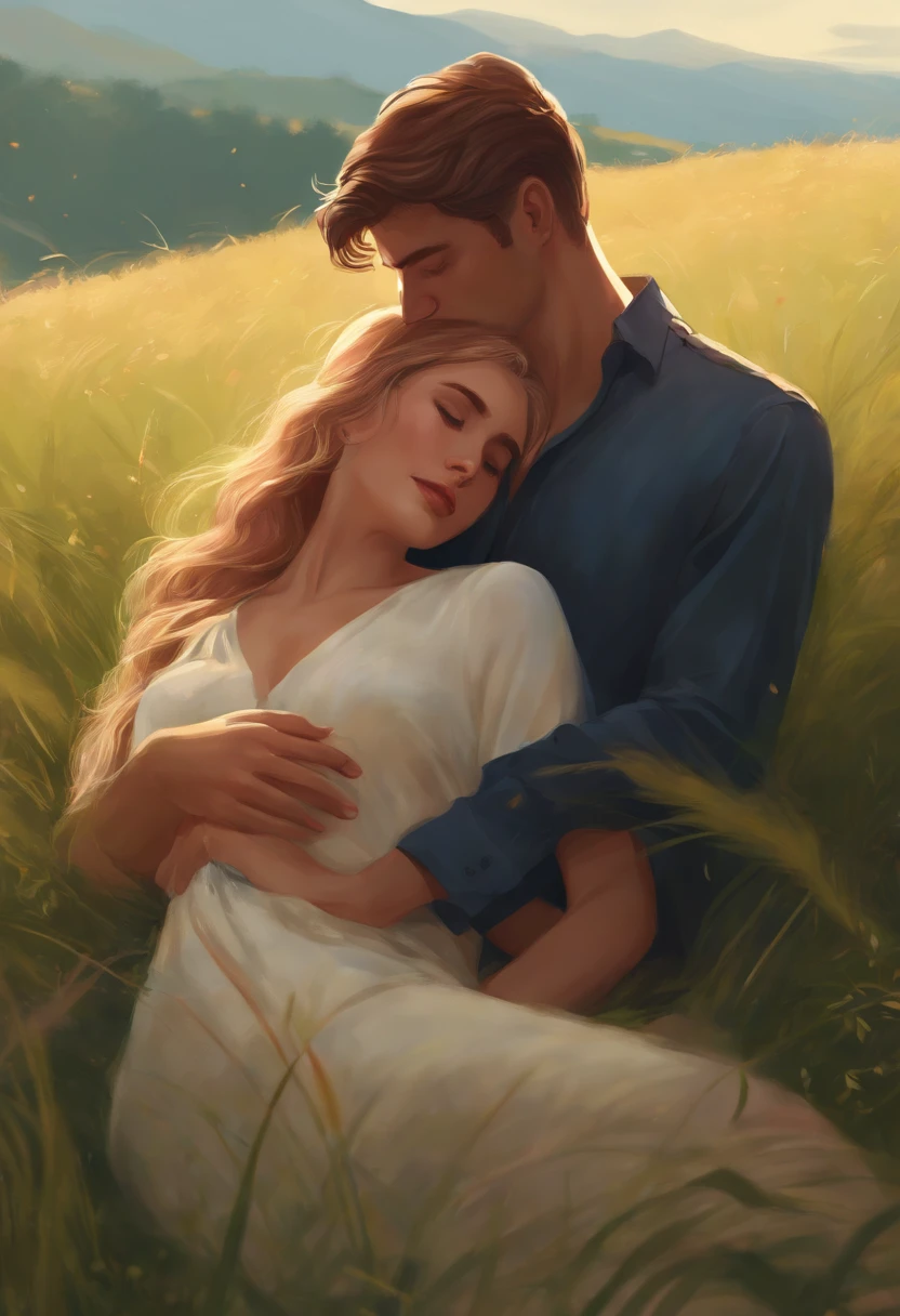 a couple, handsome men and beautiful woman, Embraced, in the grass, field, grass, cuddleso men, back to back, 4k, illustration, digital drawing, animification, gay, couple, illustrate