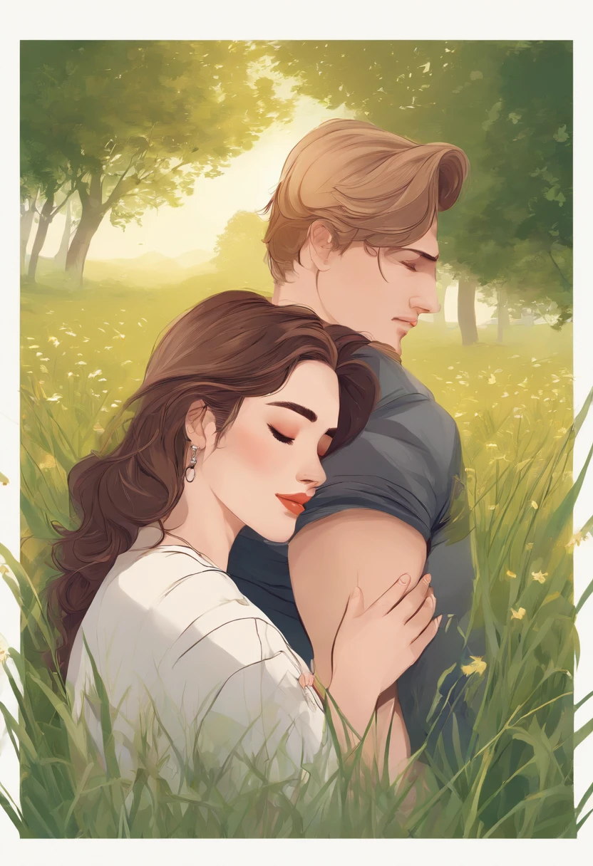 a couple,  handsome men and beautiful woman, Embraced, in the grass, field, grass, cuddleso men, back to back, 4k, illustration, digital drawing, animification, gay, couple, illustrate