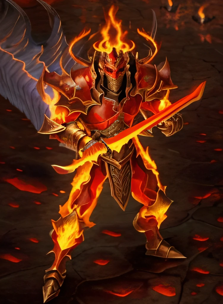 Close-up of fire demon holding a sword in Stone District, flame conjuring armored, ruler of inferno, black fire color reflected armor, fire demon, pyromancer, Diablo, fire giant, Demon armor, minotaur from path of exile, Diablo 2, Diablo 4, firemage, lord of cinder, Red demon armor, holy flame spell