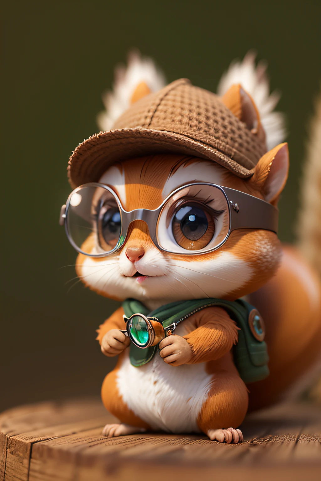 Hunter's costume、Highly detailed 3d rendering cute ezo squirrel, eye glass、Children's cartoon style, extremely detailed texture, Soft and smooth texture, without background.