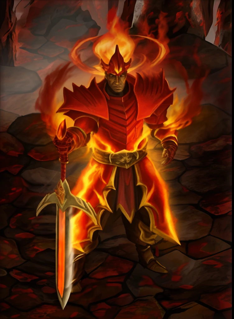 Close-up of fire demon holding a sword in the stone area, flame conjuring armored, ruler of inferno, black fire color reflected armor, fire demon, pyromancer, Diablo, fire giant, Demon armor, minotaur from path of exile, Diablo 2, Diablo 4, firemage, lord of cinder, Red demon armor, holy flame spell