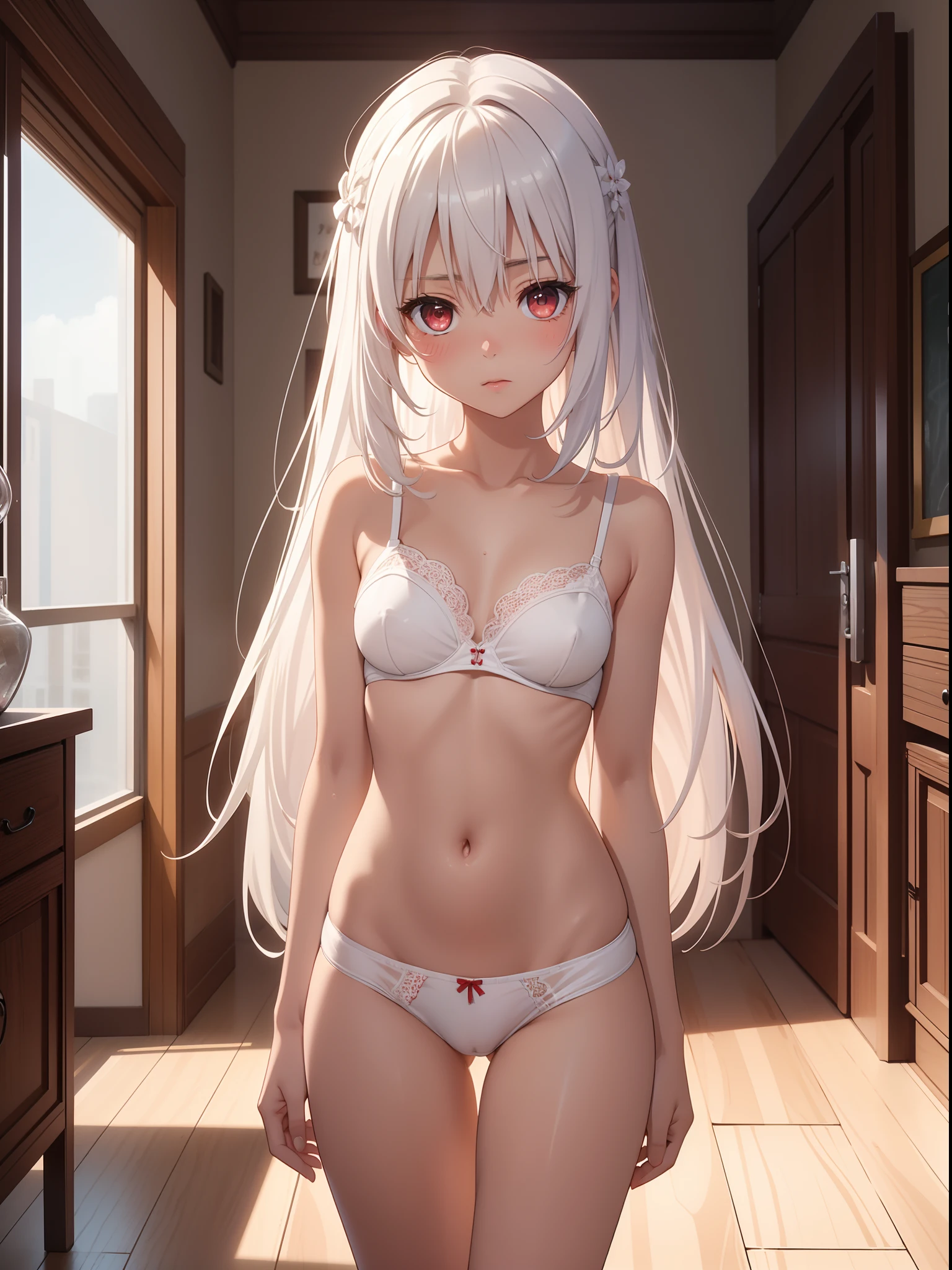 Top quality ultra-detailed CG art、Brown-skinned、white panties:1.2)、White hair、big eye、Cold eyes、Mid summer、、red blush、Naked shoulders、Red Eyes、sexypose、、Naughty Girls、Short stature、The back is beautiful、a room、Nervous、Medium Hair、