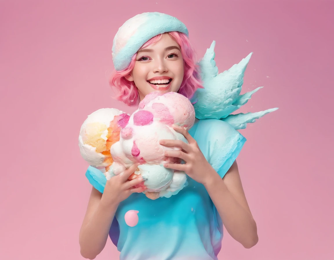 she's swimming in a giant ice cream., cute female face smeared in ice cream cake, (smile), surprised expression, (vivid colors:1.4), (octane render:1.4)