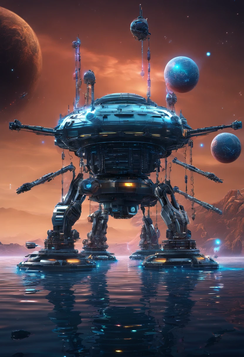 water planet with five large machine derrick structures, with lasers firing up into space at the same target