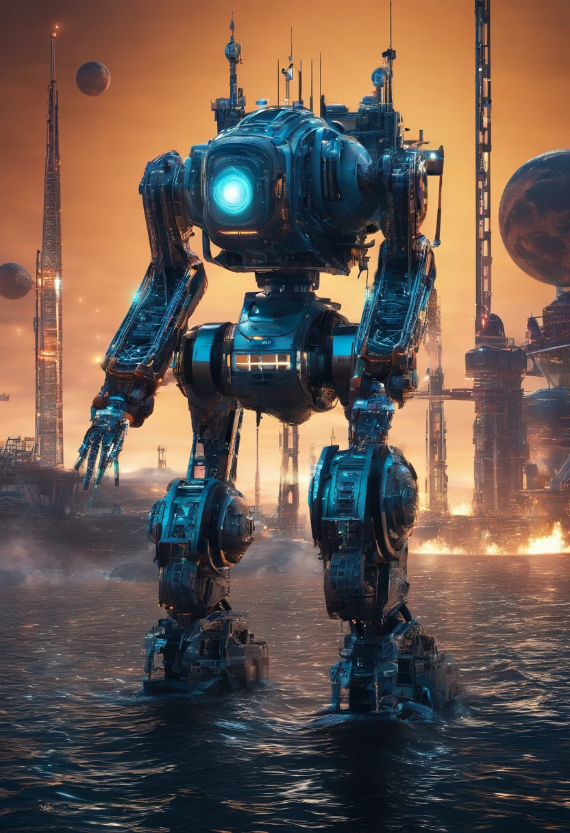 water planet with five large machine derrick structures, with lasers firing up into space at the same target