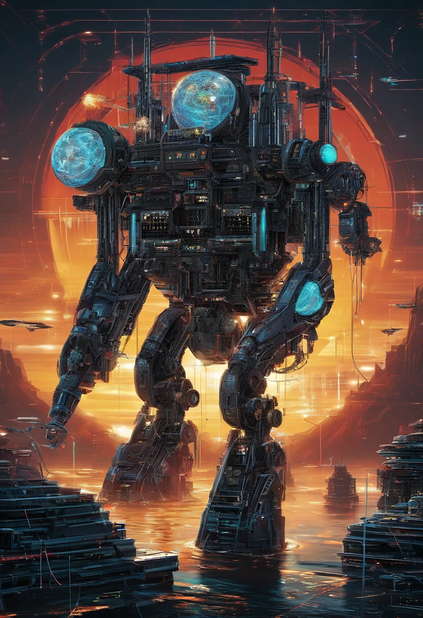 water planet with five large machine derrick structures, with lasers firing up into space at the same target