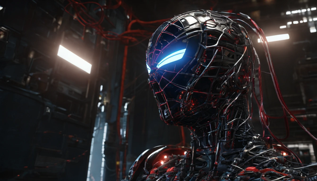Spiderman mixed with superman, tied up in an old broken lab, angry, oil leaking , rim lighting from behind, dust particles, science fiction, front view, Sense of technology, C4D, Oc renderer, unreal engine, high detail, industrial design, 8k HD, studio light, retro