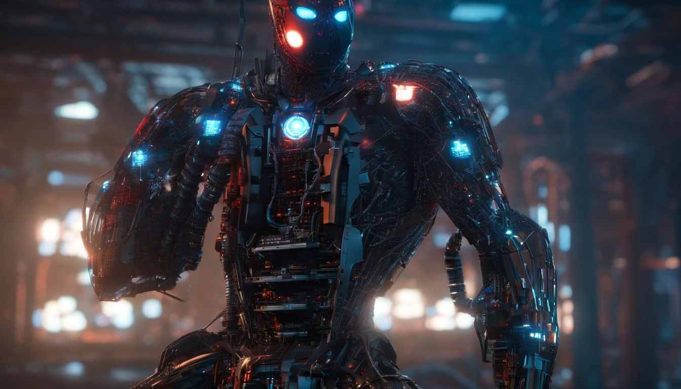Spiderman mixed with superman, tied up in an old broken lab, angry, oil leaking , rim lighting from behind, dust particles, science fiction, front view, Sense of technology, C4D, Oc renderer, unreal engine, high detail, industrial design, 8k HD, studio light, retro