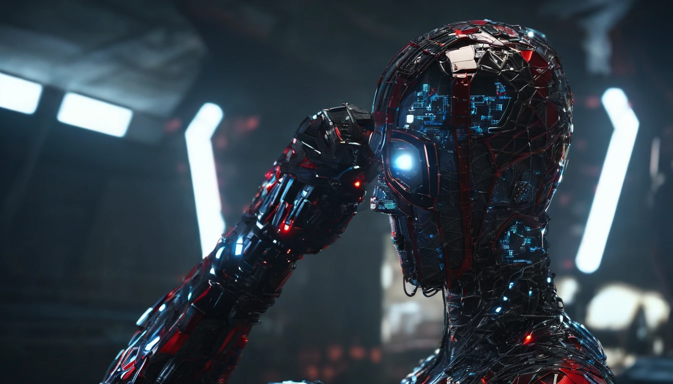 Spiderman mixed with superman, tied up in an old broken lab, angry, oil leaking , rim lighting from behind, dust particles, science fiction, front view, Sense of technology, C4D, Oc renderer, unreal engine, high detail, industrial design, 8k HD, studio light, retro