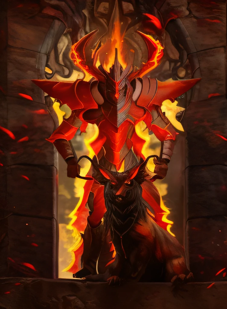 Close-up of fire demon holding a sword in Stone District, flame conjuring armored, ruler of inferno, black fire color reflected armor, fire demon, pyromancer, Diablo, fire giant, Demon armor, minotaur from path of exile, Diablo 2, Diablo 4, firemage, lord of cinder, Red demon armor, holy flame spell
