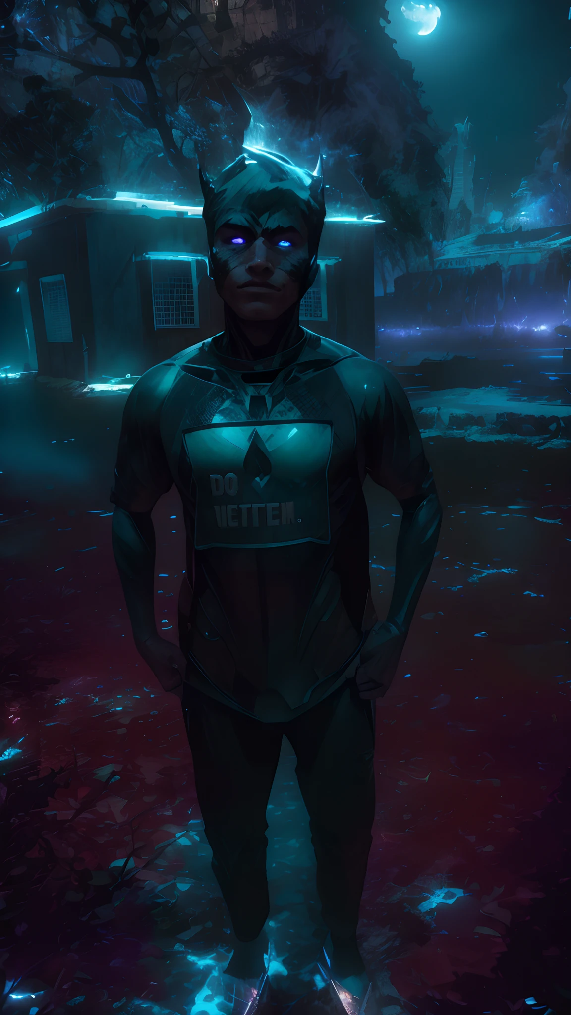 Batman from the dark knight stands imposing in a gothic lost city. Moonlight highlights your muscles and scars. The scenery is lush and mysterious, with futuristic tech and surroundings. The camera details everything, a warrior woman, in front of him.