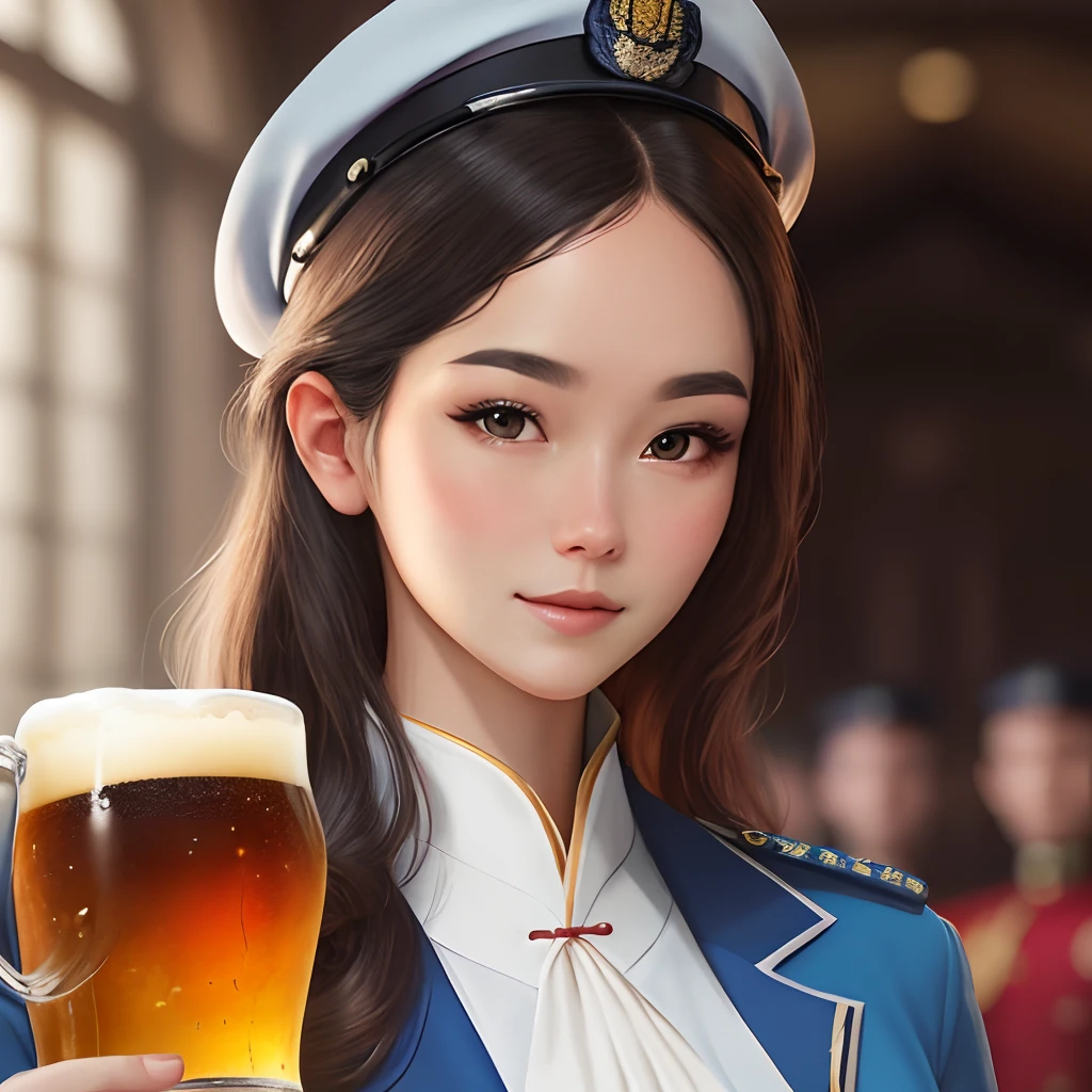 Close-up of a woman in a white uniform posing for a photo, eye looking to camera,girl in uniform, Bright, uniform background, in a soldier uniform, uniform background, in a soldier uniform, in a soldier uniform, wearing headmistress uniform, White uniform, Dressed in uniform, in a soldier uniform, Palace , A girl in Hanfu, royal elegant pose, close up portrait shot, officer, Beautiful digital artwork and hold a glass of beer